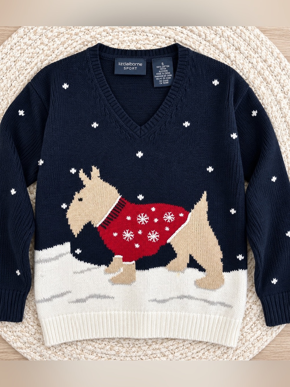 Liz Claiborne Sport Scottie Dog Christmas Sweater Small 100% Cotton Holiday